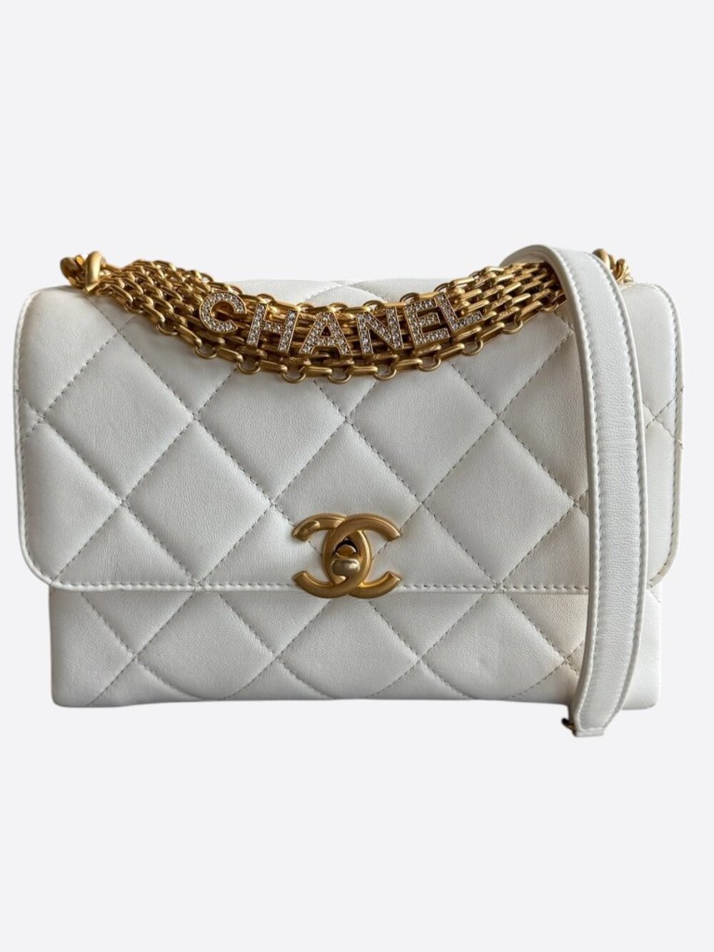 Chanel White Quilted Lambskin Crystal CC Logo Small Flap Bag
